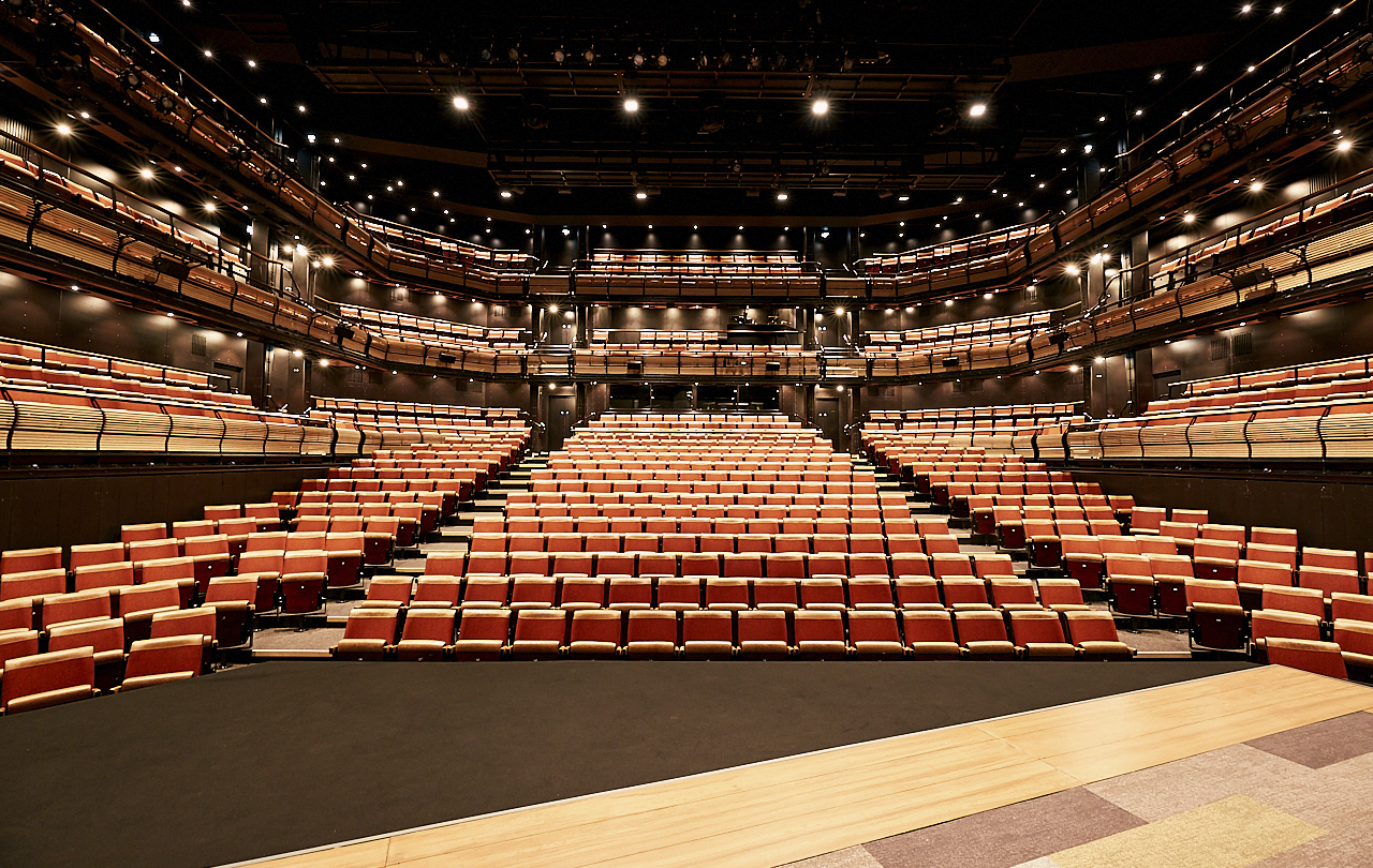 Photo of the Bridge Theatre auditorium, view from the stage looking out at our red seats
