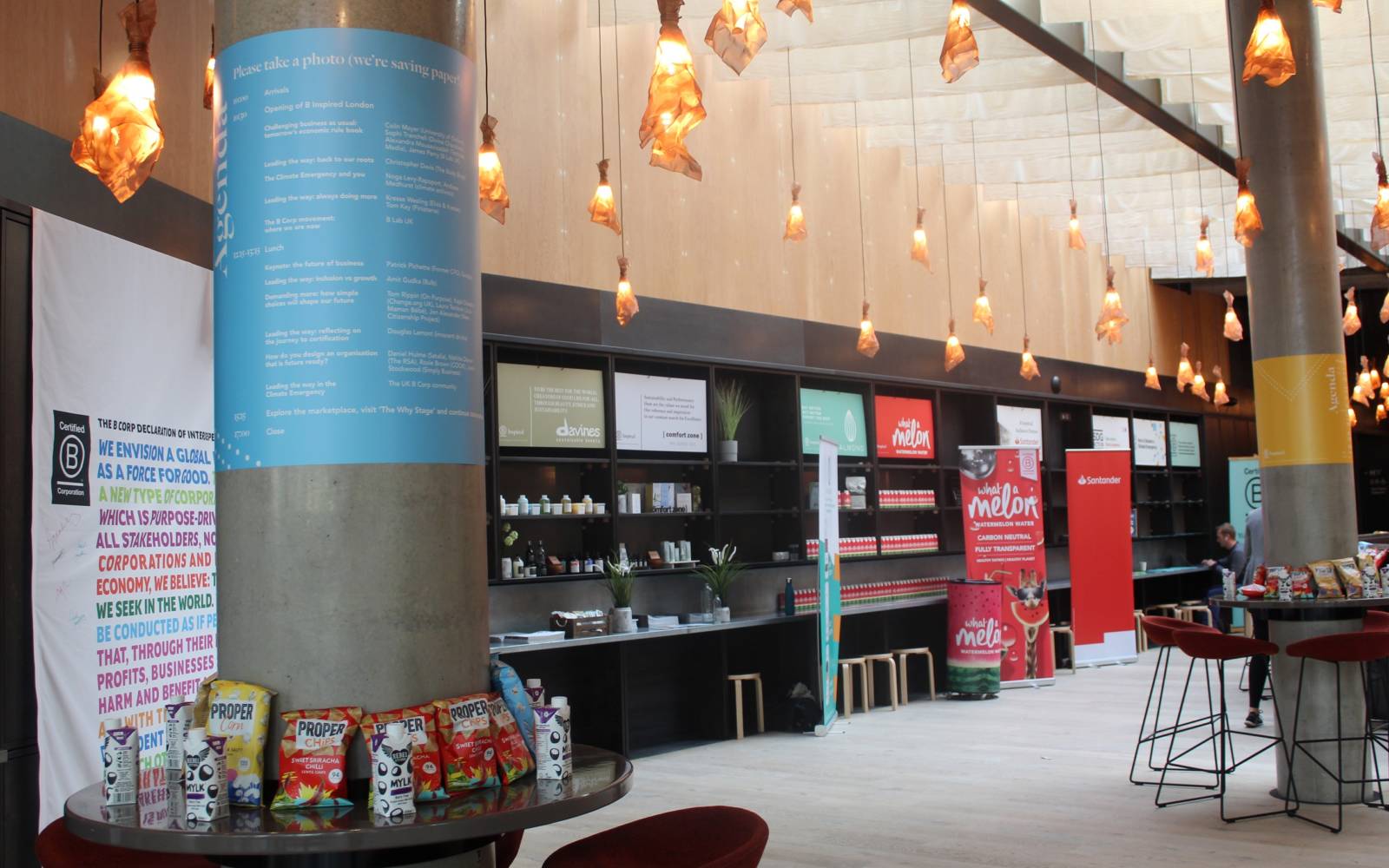 Image of Bridge Theatre foyer, during the day with posters, flyers and big stands with B Lap information on