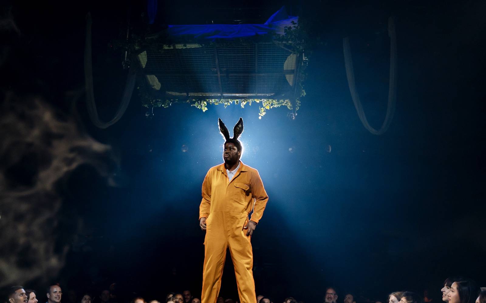 Hammed Animashaun (Bottom) stands in the spotlight, wearing donkey ears, surrounded by a crowd