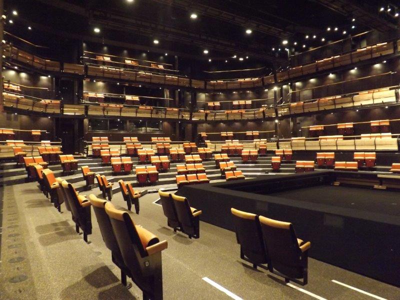 Picture of the Bridge Theatre auditorium with seats removed for social distancing – angle 1