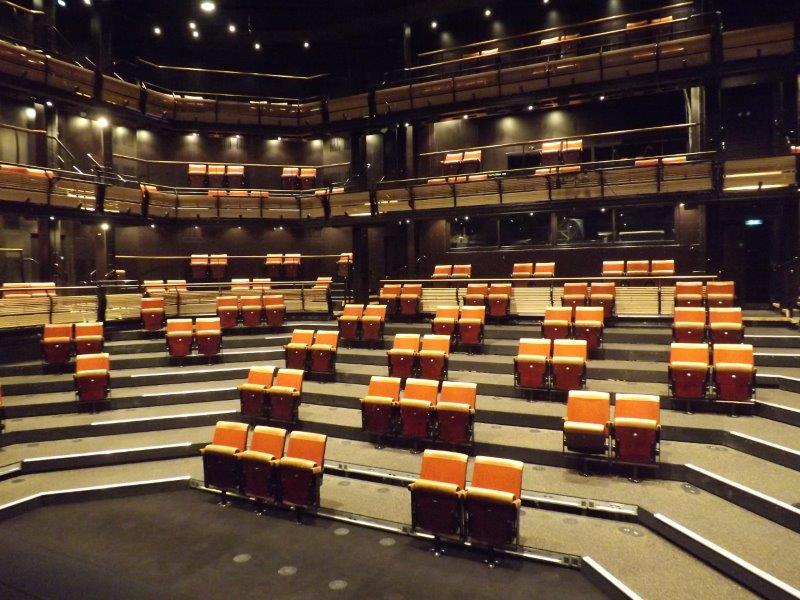 Picture of the Bridge Theatre auditorium with seats removed for social distancing – angle 3