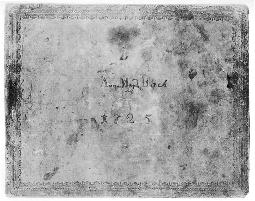 Front cover of an 18th-century manuscript. It shows signs of age. Handwriting reads: Anna Magde Bach, 1725