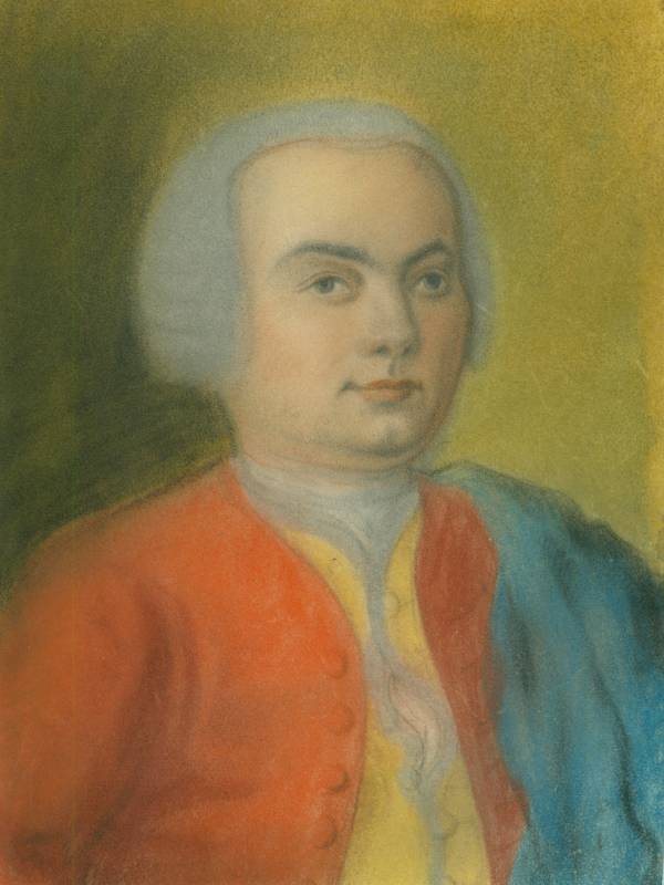 18th-century painting of a young man wearing a grey, curly wig, a bright red jacket and a blue cape.