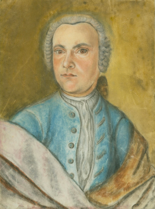 18th-century painting of a young man, wearing a grey, curly wig and a bright blue jacket.